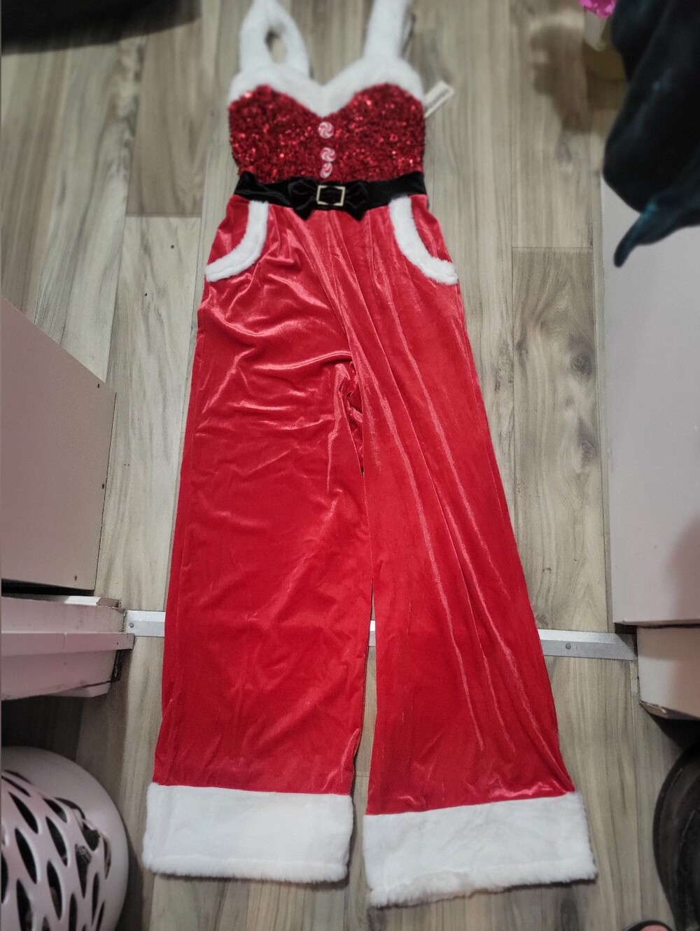 No Boundaries Red Sequin Santa-Style Jumpsuit with Faux Fur Trim